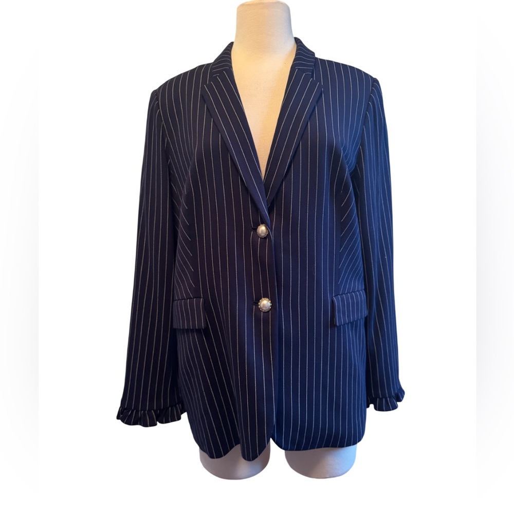 Chico's Dark Blue Striped Blazer with pearl style‎ accents